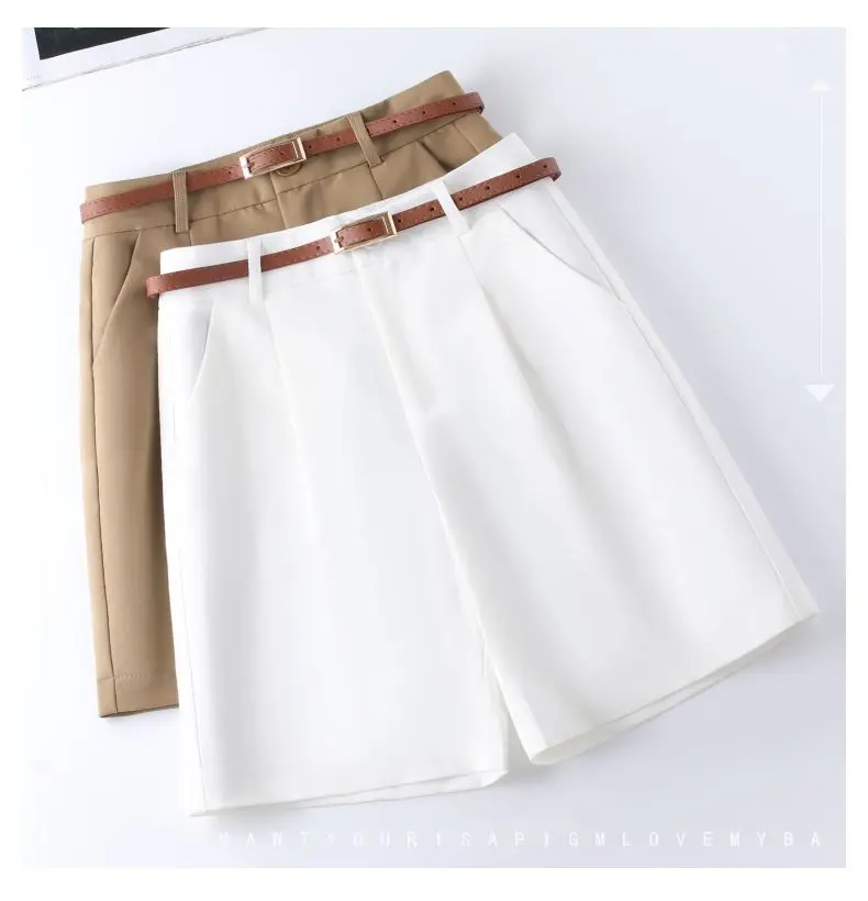 Shorts Women Suit Shorts with Belt Women's Spring and Summer High Waist Loose Casual Straight-Leg A- Line Ropa Mujer C70