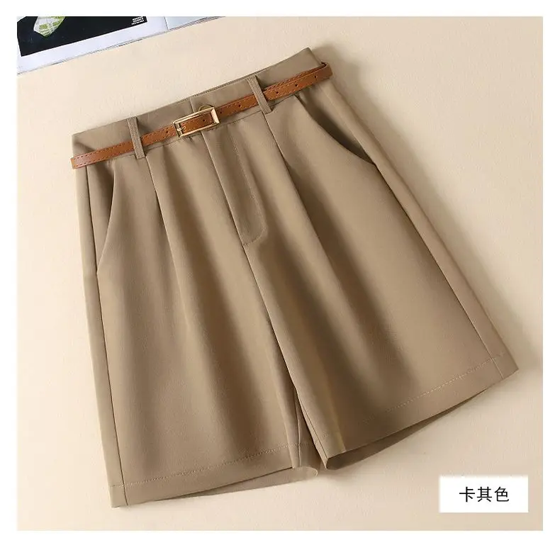 Shorts Women Suit Shorts with Belt Women's Spring and Summer High Waist Loose Casual Straight-Leg A- Line Ropa Mujer C70