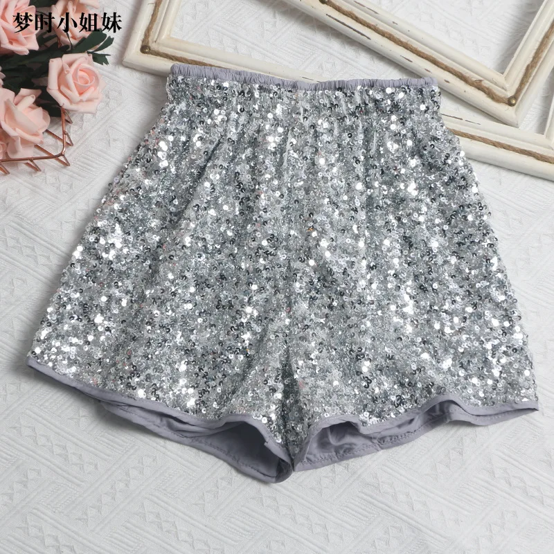 Women's Sexy Sequined Shorts High-waisted Wide-leg Pants Elastic-waisted Casual Hot Pants