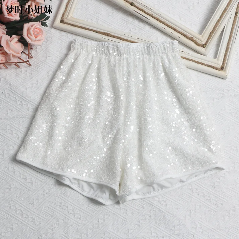 Women's Sexy Sequined Shorts High-waisted Wide-leg Pants Elastic-waisted Casual Hot Pants