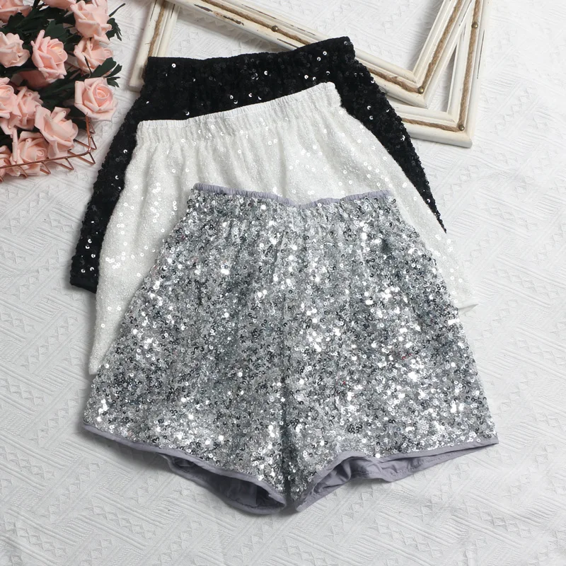 Women's Sexy Sequined Shorts High-waisted Wide-leg Pants Elastic-waisted Casual Hot Pants