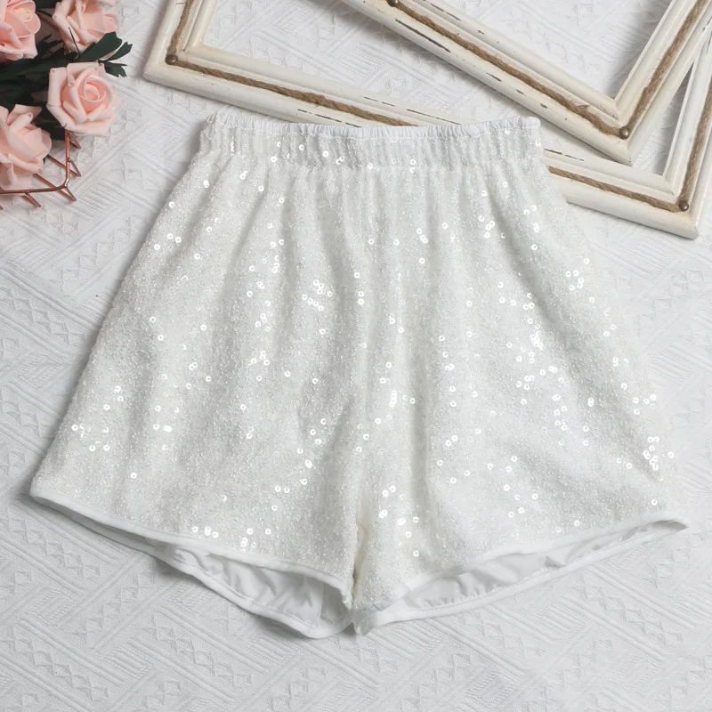 Women's Sexy Sequined Shorts High-waisted Wide-leg Pants Elastic-waisted Casual Hot Pants