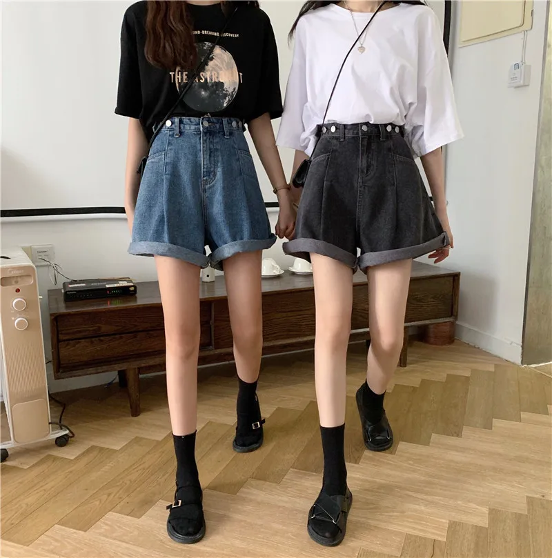 Women High Waist Denim Shorts 2026 Summer Wide Leg Straight Short Pants Vintage Streetwear Thin Female Casual Loose Jeans Shorts