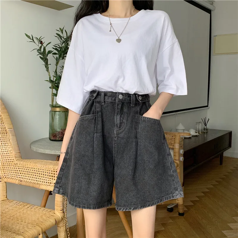 Women High Waist Denim Shorts 2026 Summer Wide Leg Straight Short Pants Vintage Streetwear Thin Female Casual Loose Jeans Shorts