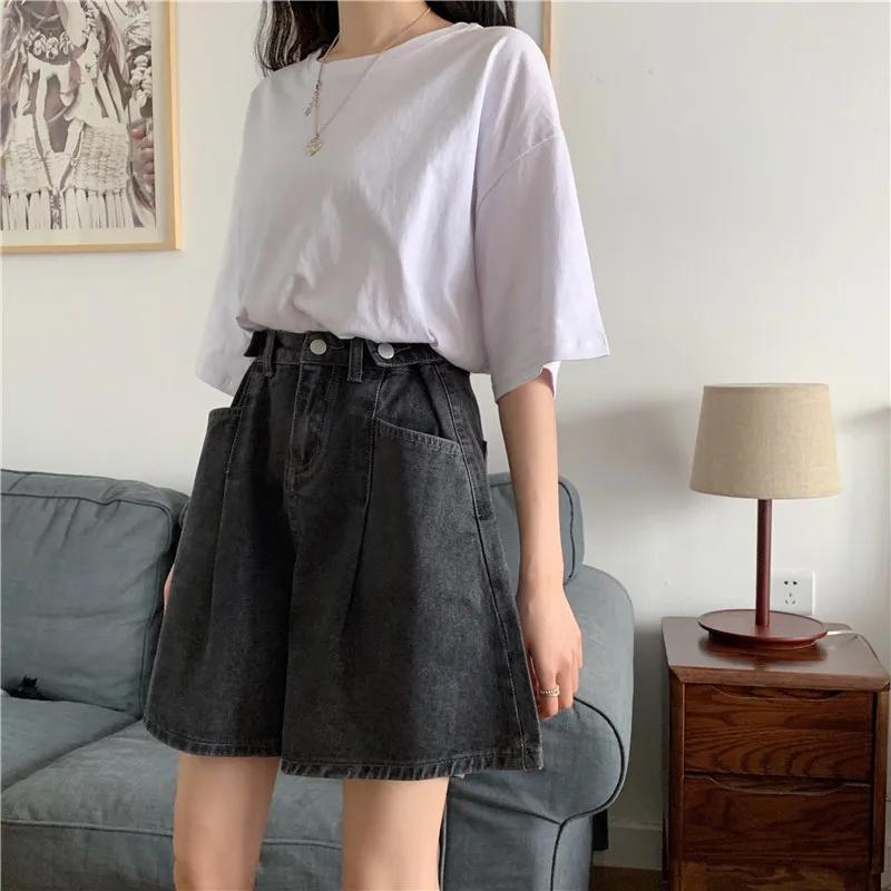 Women High Waist Denim Shorts 2026 Summer Wide Leg Straight Short Pants Vintage Streetwear Thin Female Casual Loose Jeans Shorts