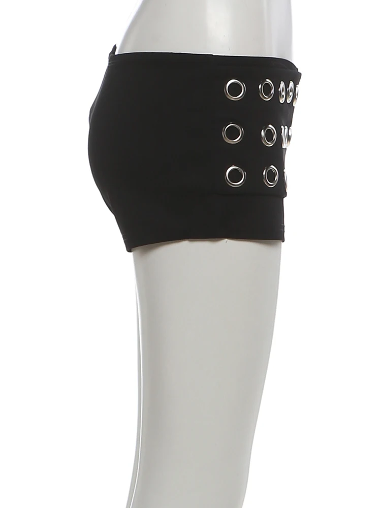 Weird Puss Hottie Metal Hollow Shorts Women Coquette Sexy Rivet Patchwork High Street Clubwear Trend Stretch Skinny Bottoms