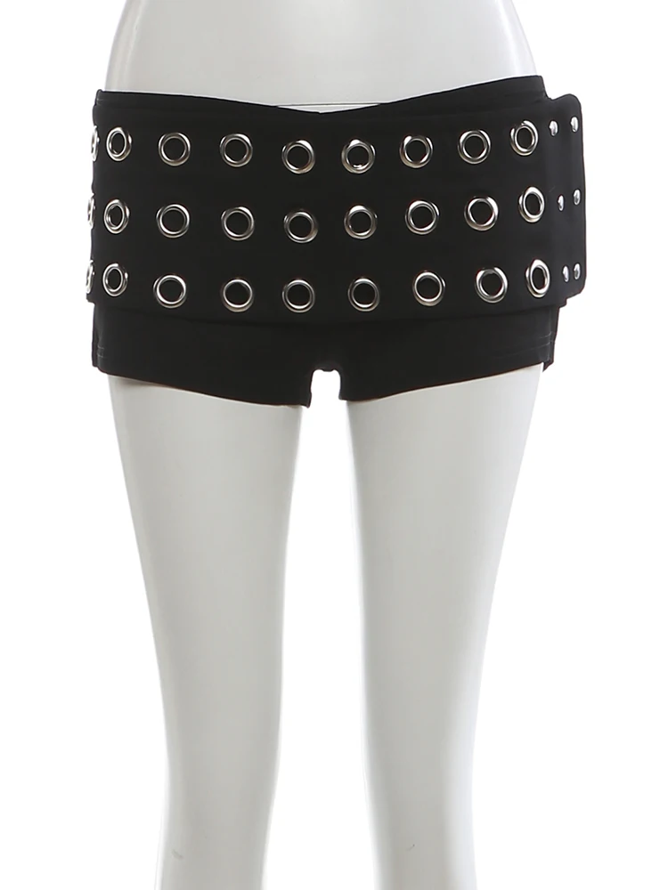 Weird Puss Hottie Metal Hollow Shorts Women Coquette Sexy Rivet Patchwork High Street Clubwear Trend Stretch Skinny Bottoms