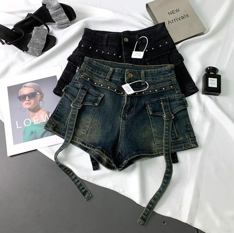 Y2K 2000S Cargo Denim Shorts Women Streetwear Vintage High Waist Shorts Jeans Summer Harajuku Korean Sexy Hot Short Pants New