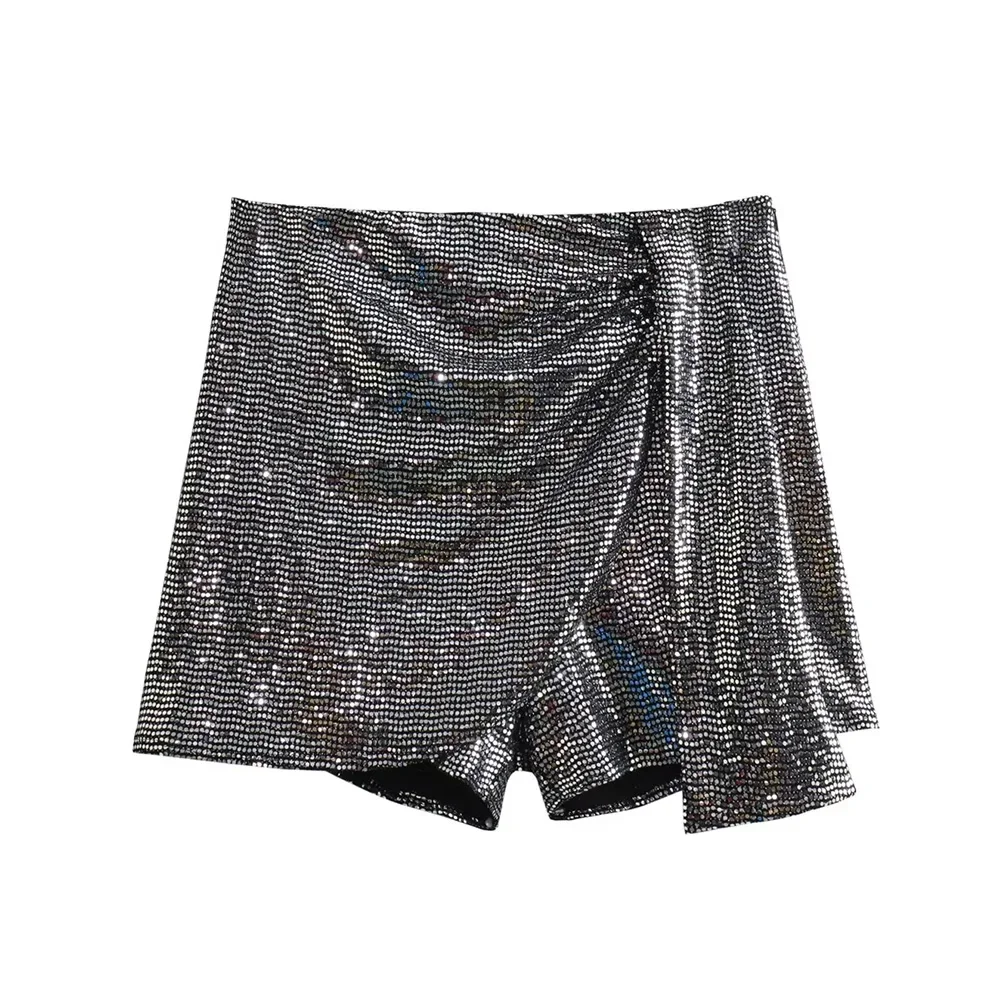 Women's Knotted Sequin Shorts Skirts, High Waist, Side Zipper, Female Skort,Fashion