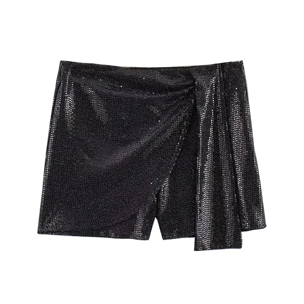 Women's Knotted Sequin Shorts Skirts, High Waist, Side Zipper, Female Skort,Fashion