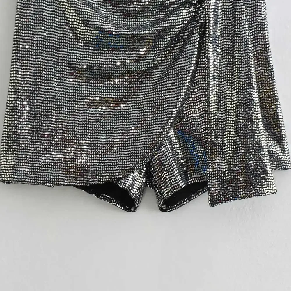 Women's Knotted Sequin Shorts Skirts, High Waist, Side Zipper, Female Skort,Fashion