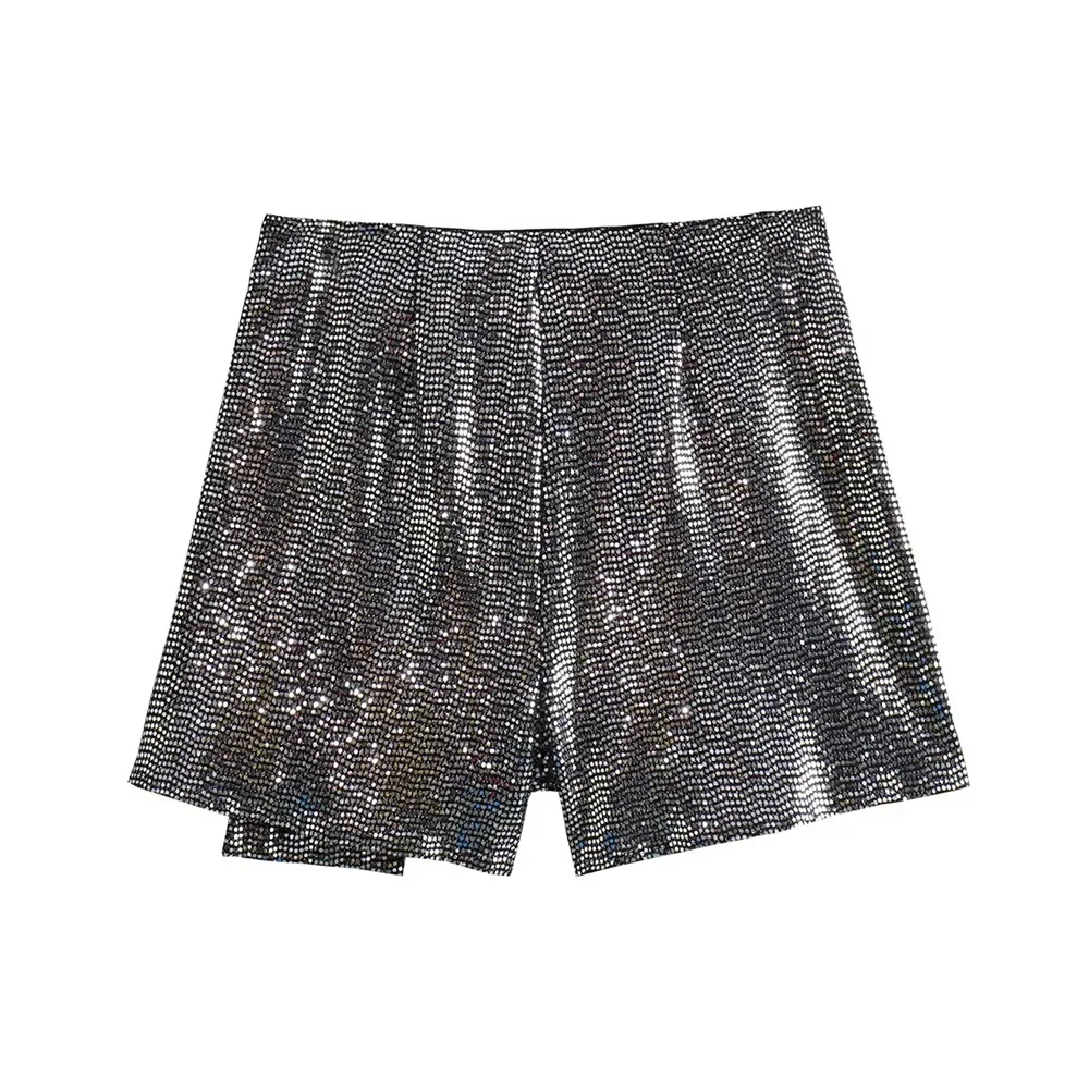 Women's Knotted Sequin Shorts Skirts, High Waist, Side Zipper, Female Skort,Fashion