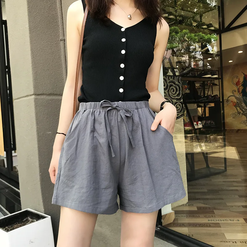 Casual Linen Shorts Women Gym Workout Shorts Cotton Shorts Summer Big Size Loose Home Beach Hot Lace Up Shorts