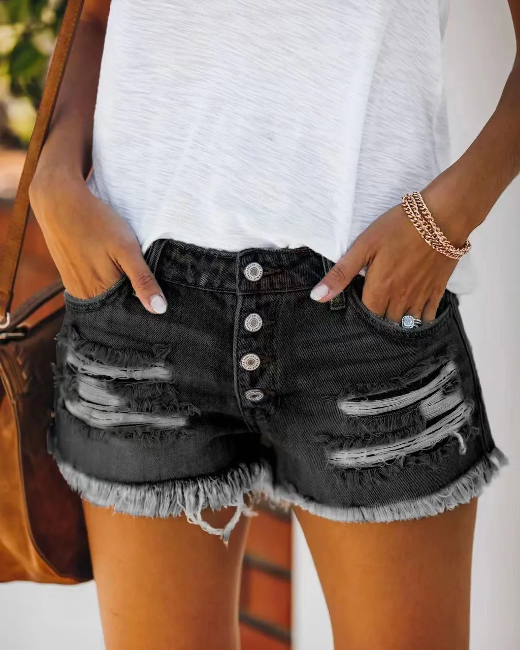 2024 Summer New Denim Shorts Women Fashion Trendy Hole Tassel Solid Color Single-breasted Short Female Hot Pants Streetwear