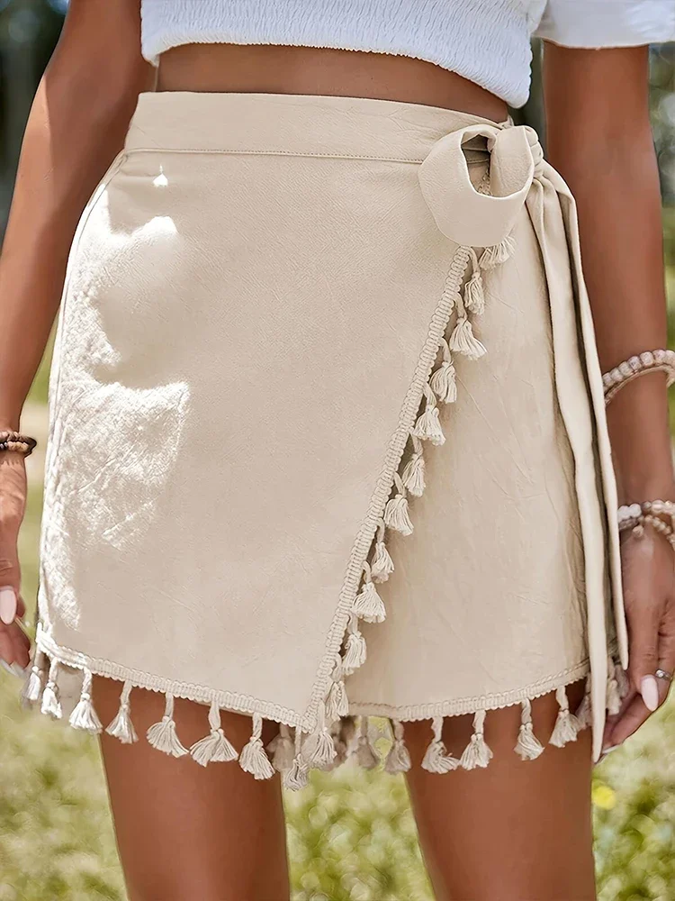 Women's Beige Shorts Frayed Hem Side Knot Ideal for Summer Festivals Beach Walks Trendy Casual Looks