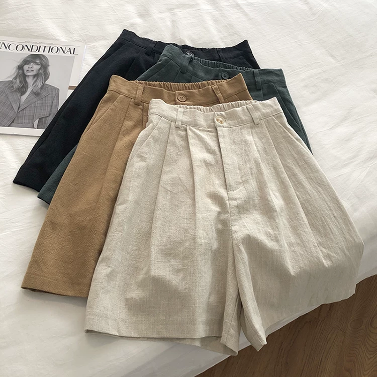 Limiguyue Breathable Cotton Linen Shorts Japanese Retro High Waist Wide Leg Bermuda Shorts Suit Casual Summer Woman Loose J200