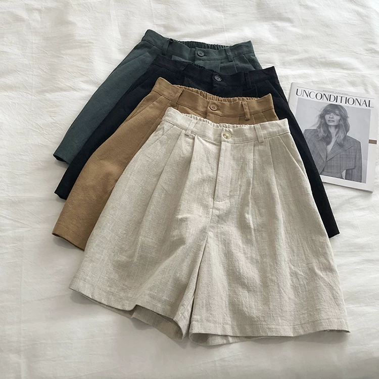 Limiguyue Breathable Cotton Linen Shorts Japanese Retro High Waist Wide Leg Bermuda Shorts Suit Casual Summer Woman Loose J200