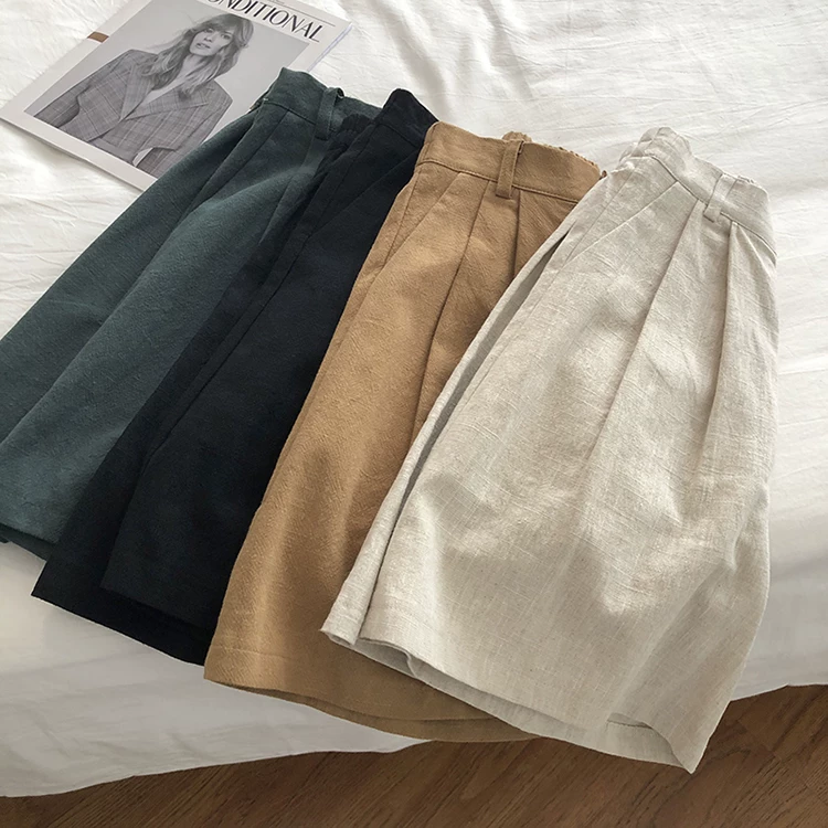 Limiguyue Breathable Cotton Linen Shorts Japanese Retro High Waist Wide Leg Bermuda Shorts Suit Casual Summer Woman Loose J200