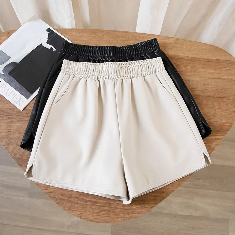 2025 Autumn Winter Women's High-Waisted Slimming PU Leather Black A-Line Pants Loose Wide-Fitting Boots Over-Sized Shorts