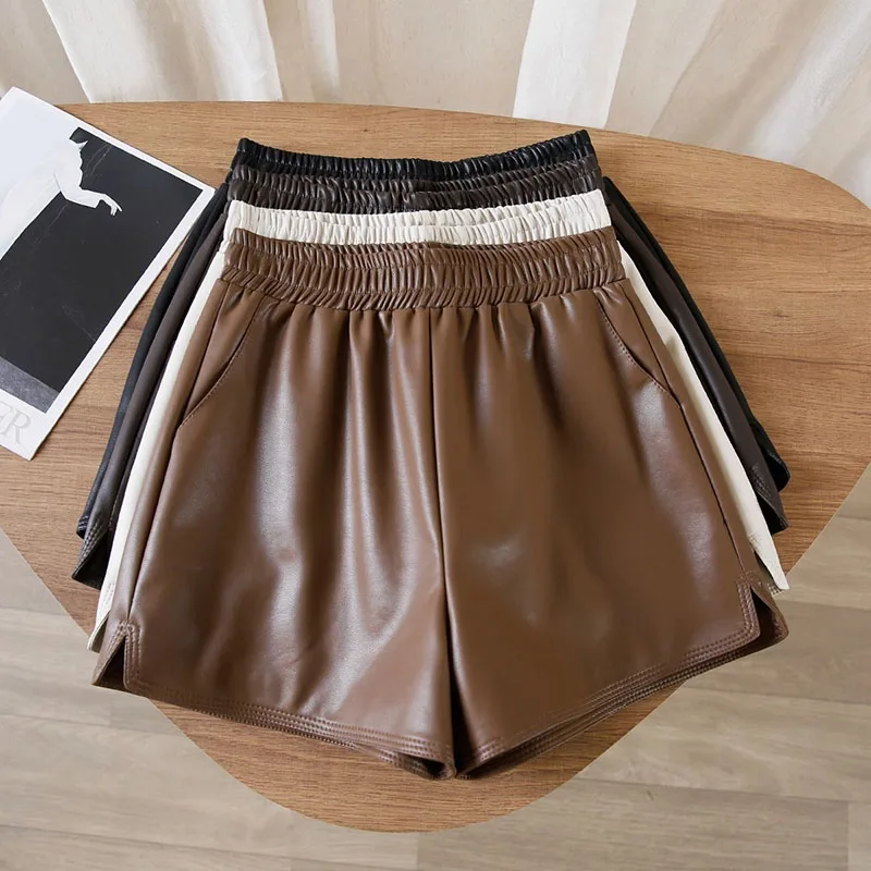 2025 Autumn Winter Women's High-Waisted Slimming PU Leather Black A-Line Pants Loose Wide-Fitting Boots Over-Sized Shorts