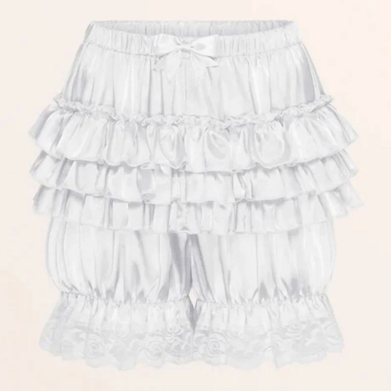 Satin Lace Ruffles Lolita Bloomers Shorts Pants Women Pink Tiered Kawaii Pumpkin Panties Y2k Vintage Victorian Bloomer