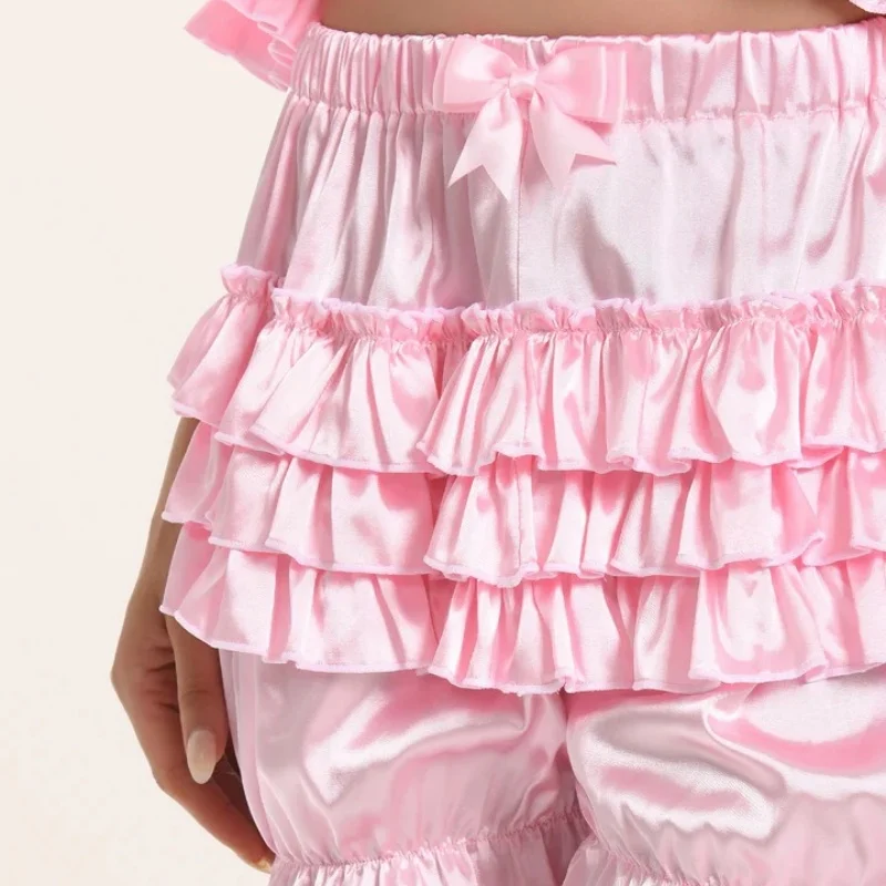 Satin Lace Ruffles Lolita Bloomers Shorts Pants Women Pink Tiered Kawaii Pumpkin Panties Y2k Vintage Victorian Bloomer