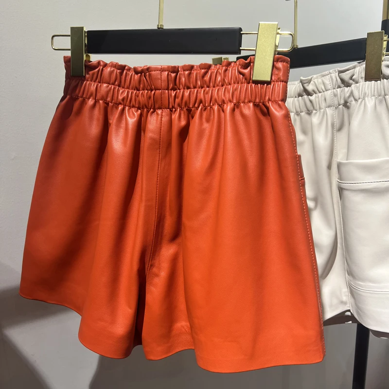 Women Clothing 2025 Fashion Feminino Genuine Leather White Casual Shorts Mujer Big Pockets Elastic Waist Sexy Mini Booty Pants