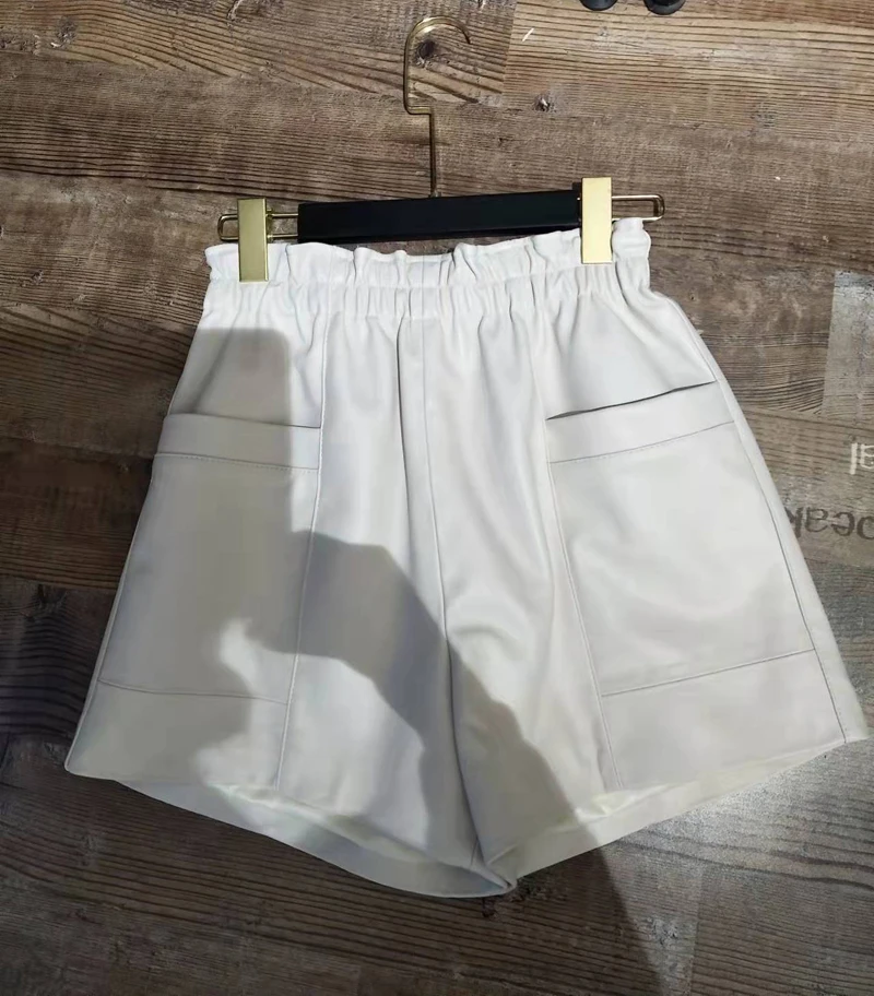 Women Clothing 2025 Fashion Feminino Genuine Leather White Casual Shorts Mujer Big Pockets Elastic Waist Sexy Mini Booty Pants