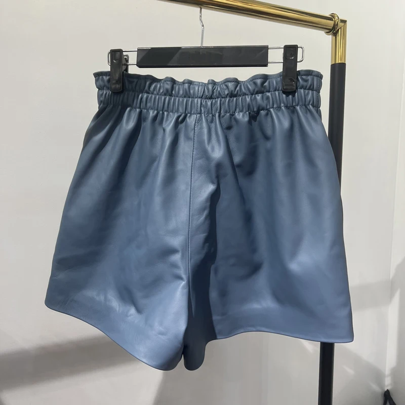 Women Clothing 2025 Fashion Feminino Genuine Leather White Casual Shorts Mujer Big Pockets Elastic Waist Sexy Mini Booty Pants