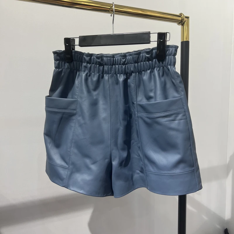 Women Clothing 2025 Fashion Feminino Genuine Leather White Casual Shorts Mujer Big Pockets Elastic Waist Sexy Mini Booty Pants