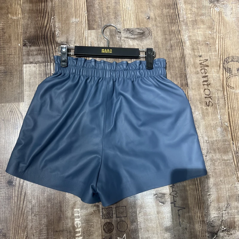 Women Clothing 2025 Fashion Feminino Genuine Leather White Casual Shorts Mujer Big Pockets Elastic Waist Sexy Mini Booty Pants