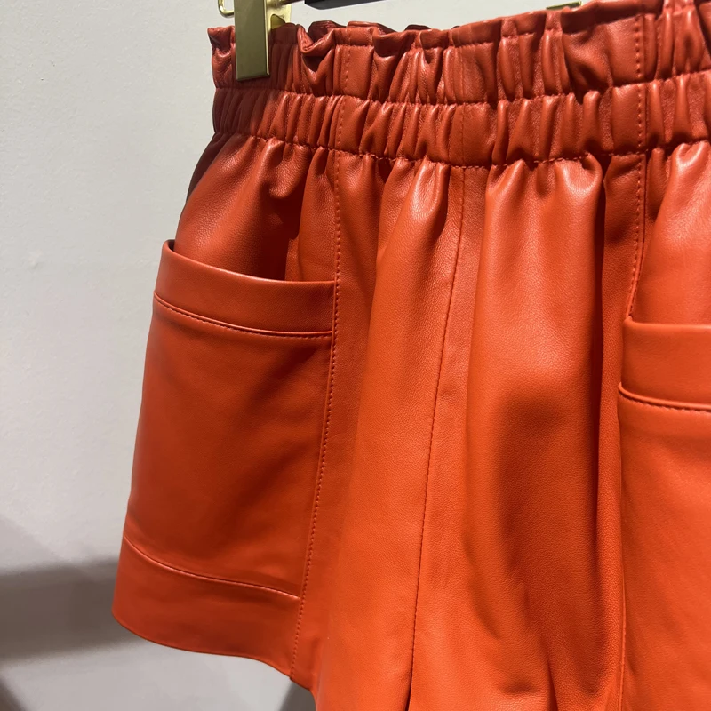 Women Clothing 2025 Fashion Feminino Genuine Leather White Casual Shorts Mujer Big Pockets Elastic Waist Sexy Mini Booty Pants