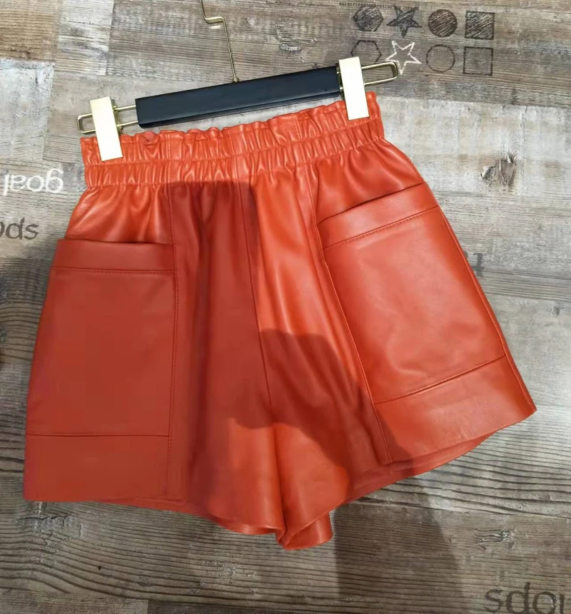 Women Clothing 2025 Fashion Feminino Genuine Leather White Casual Shorts Mujer Big Pockets Elastic Waist Sexy Mini Booty Pants