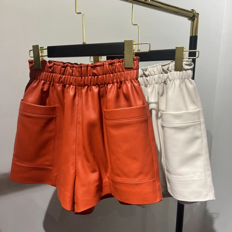Women Clothing 2025 Fashion Feminino Genuine Leather White Casual Shorts Mujer Big Pockets Elastic Waist Sexy Mini Booty Pants