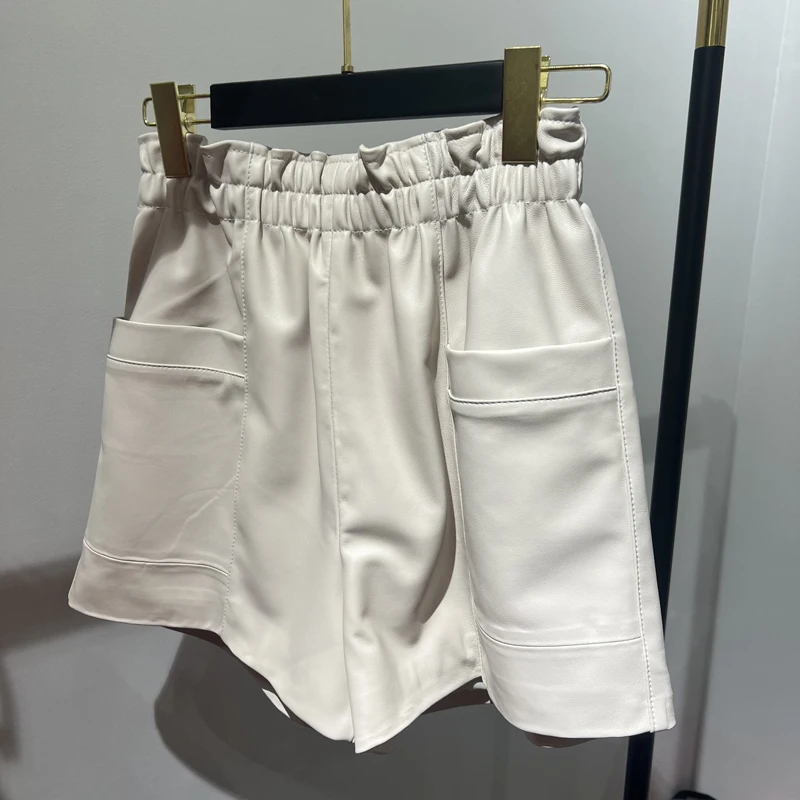 Women Clothing 2025 Fashion Feminino Genuine Leather White Casual Shorts Mujer Big Pockets Elastic Waist Sexy Mini Booty Pants