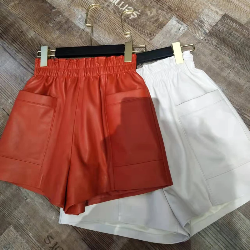 Women Clothing 2025 Fashion Feminino Genuine Leather White Casual Shorts Mujer Big Pockets Elastic Waist Sexy Mini Booty Pants