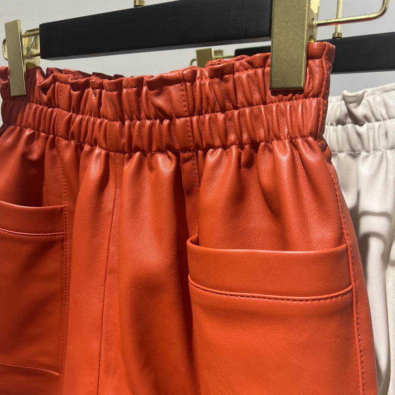 Women Clothing 2025 Fashion Feminino Genuine Leather White Casual Shorts Mujer Big Pockets Elastic Waist Sexy Mini Booty Pants