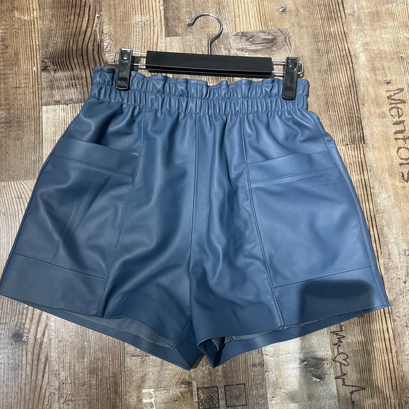 Women Clothing 2025 Fashion Feminino Genuine Leather White Casual Shorts Mujer Big Pockets Elastic Waist Sexy Mini Booty Pants