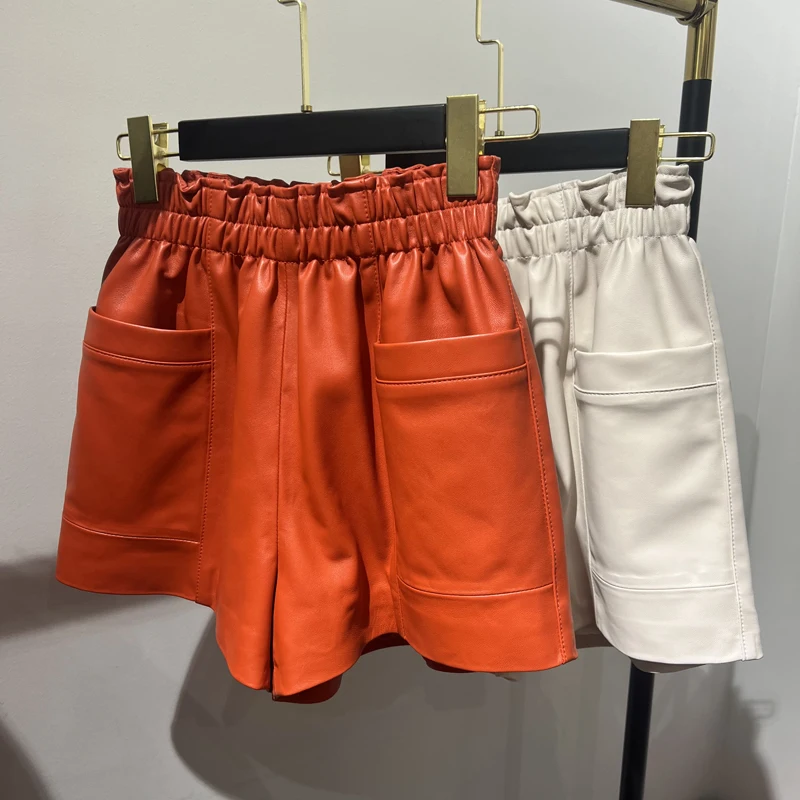 Women Clothing 2025 Fashion Feminino Genuine Leather White Casual Shorts Mujer Big Pockets Elastic Waist Sexy Mini Booty Pants