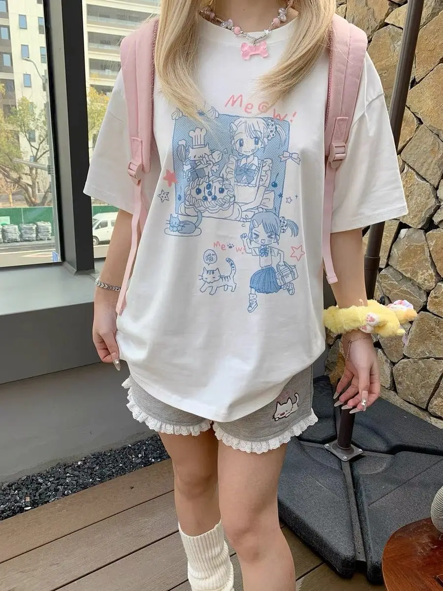 Kitten shorts female summer INS fashion Korean version Y2K loose leisure sports wide legs elastic waist