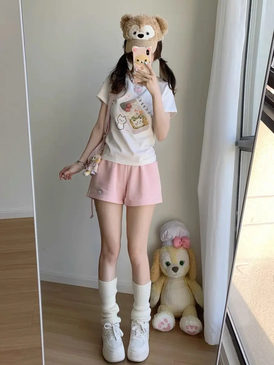 Kitten shorts female summer INS fashion Korean version Y2K loose leisure sports wide legs elastic waist