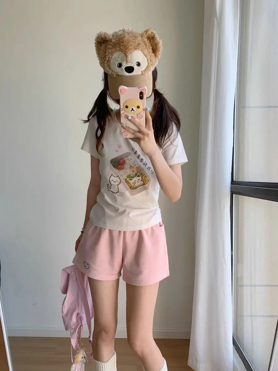 Kitten shorts female summer INS fashion Korean version Y2K loose leisure sports wide legs elastic waist