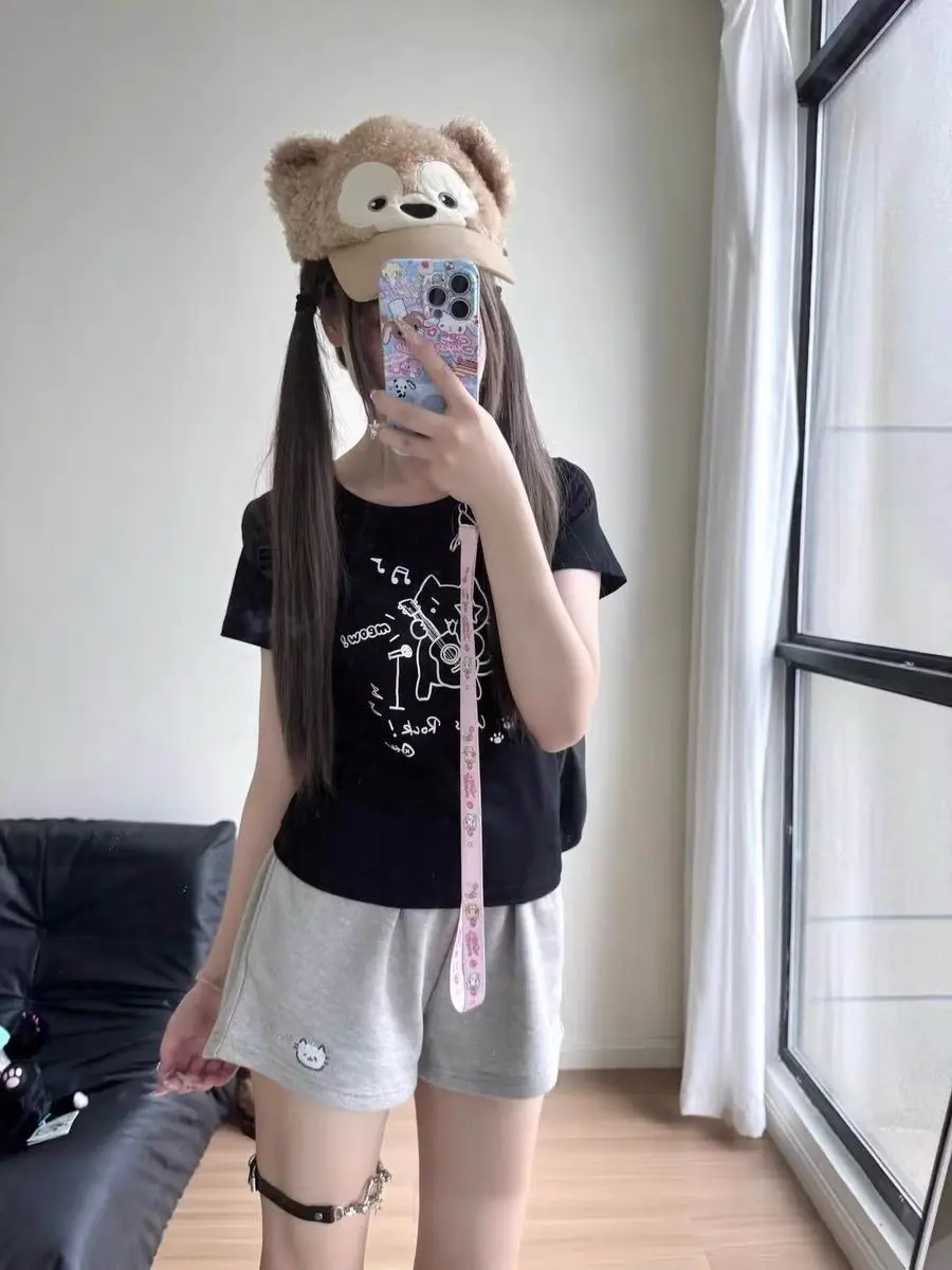 Kitten shorts female summer INS fashion Korean version Y2K loose leisure sports wide legs elastic waist