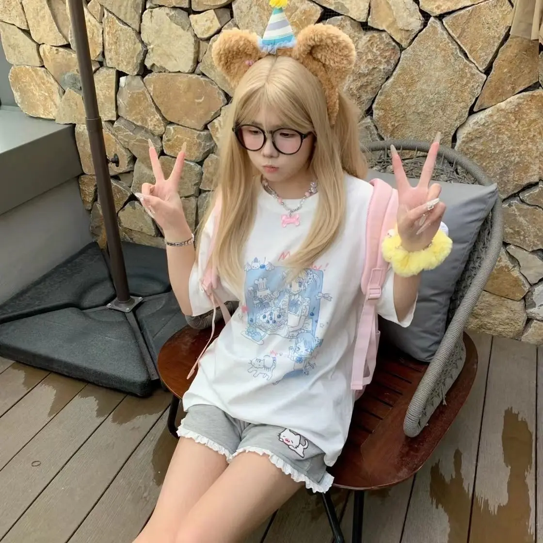 Kitten shorts female summer INS fashion Korean version Y2K loose leisure sports wide legs elastic waist