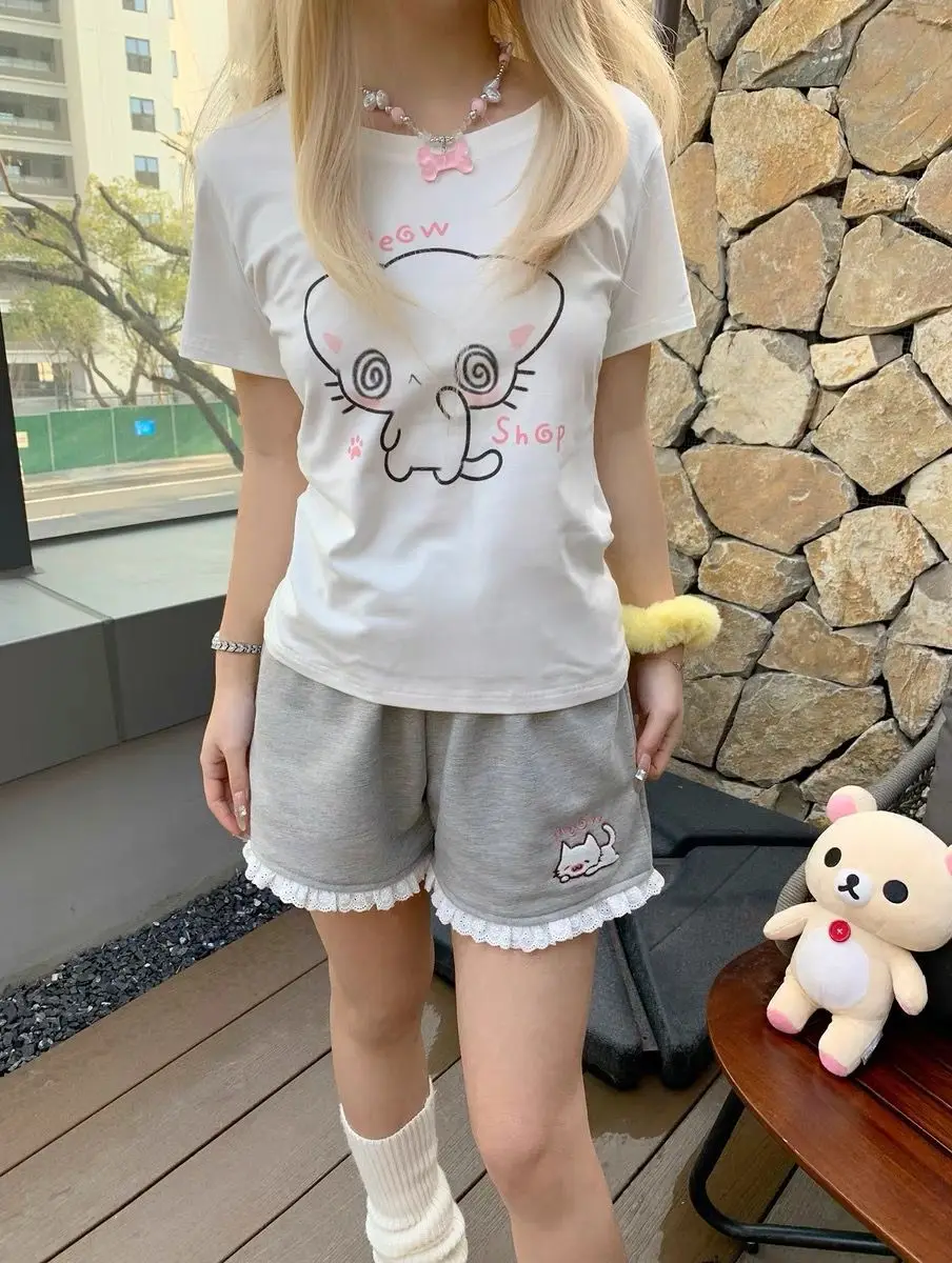 Kitten shorts female summer INS fashion Korean version Y2K loose leisure sports wide legs elastic waist