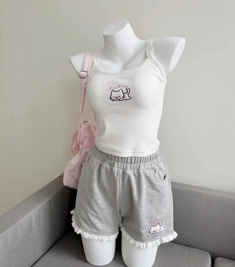 Kitten shorts female summer INS fashion Korean version Y2K loose leisure sports wide legs elastic waist