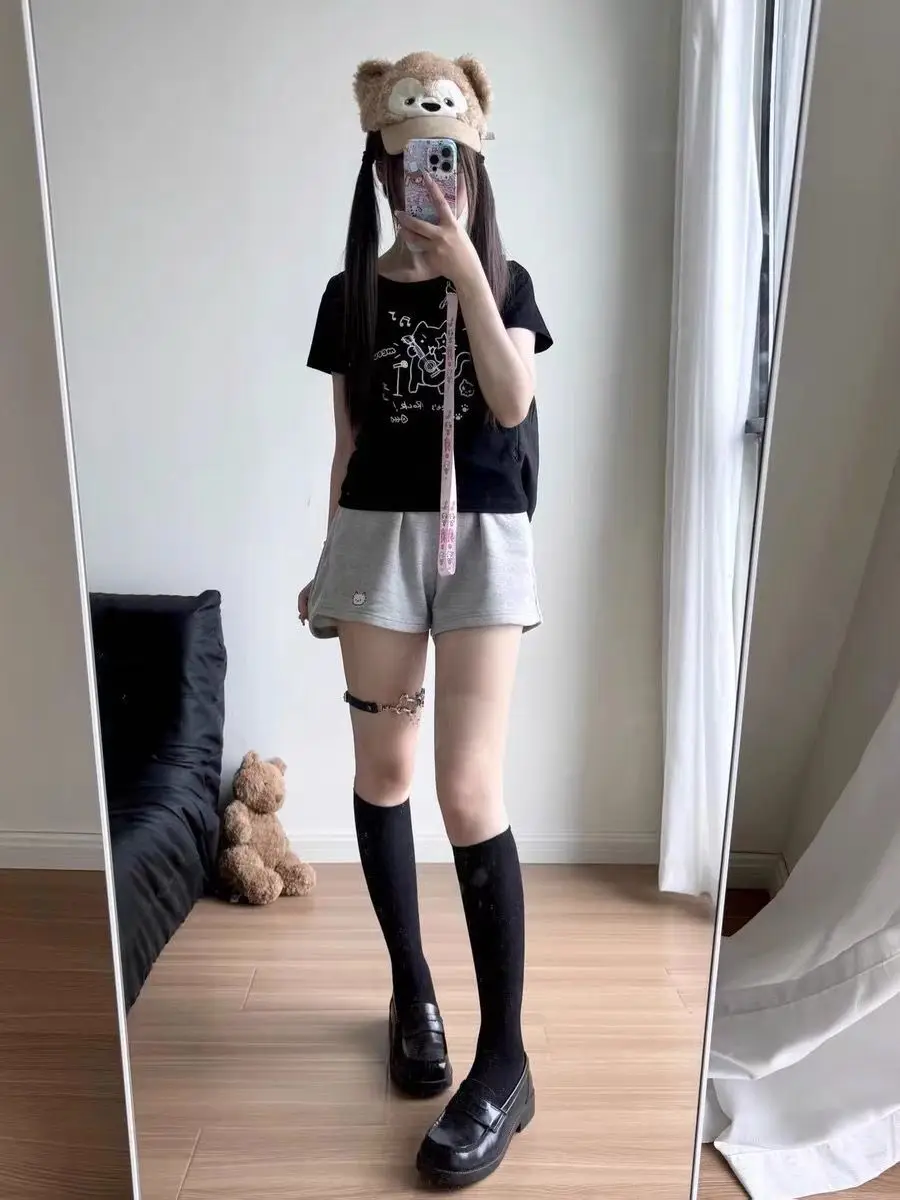 Kitten shorts female summer INS fashion Korean version Y2K loose leisure sports wide legs elastic waist