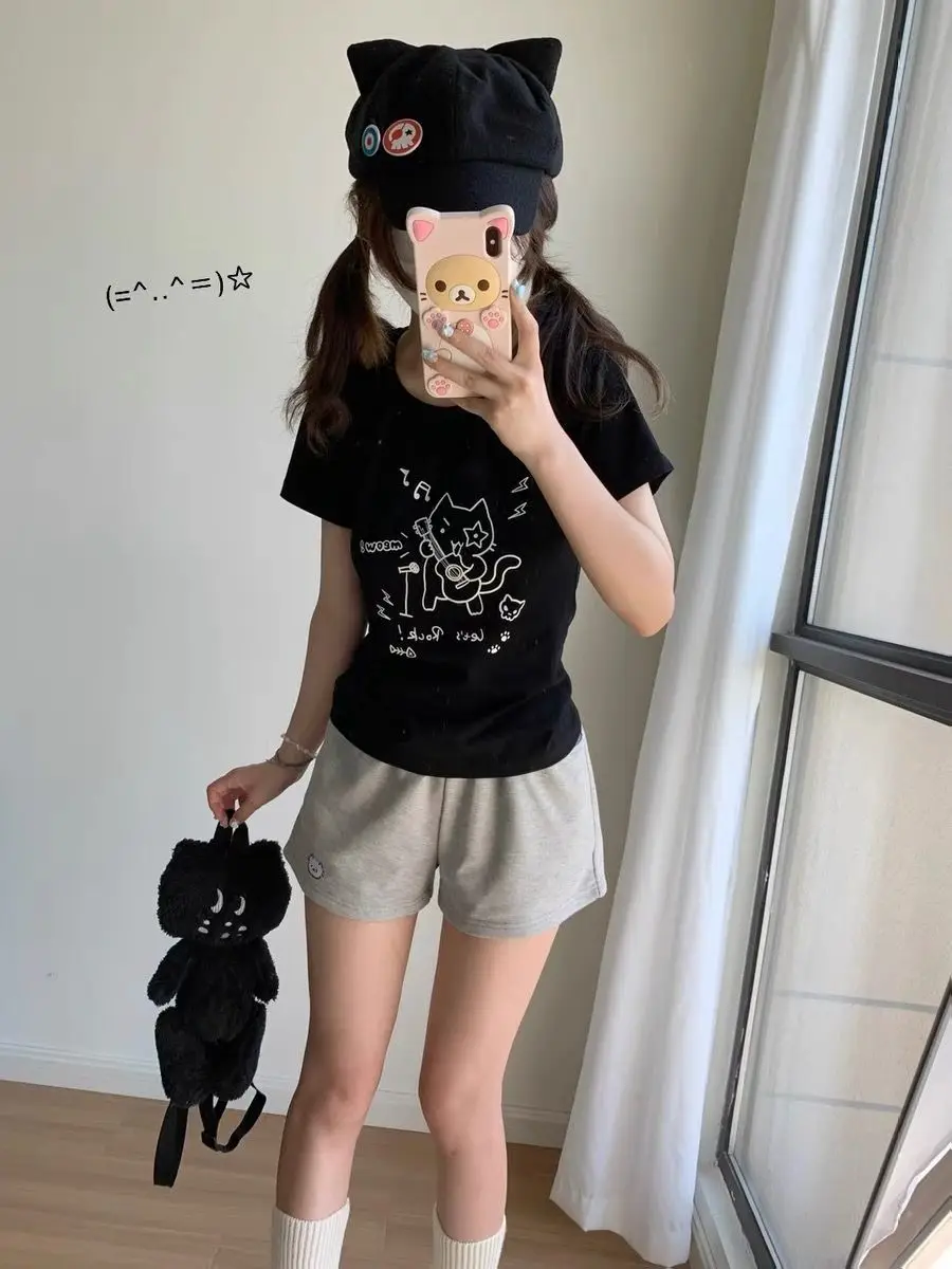 Kitten shorts female summer INS fashion Korean version Y2K loose leisure sports wide legs elastic waist