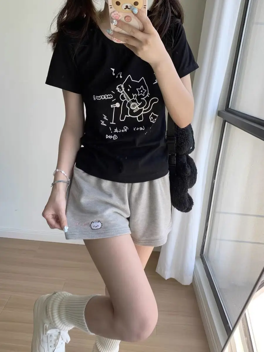 Kitten shorts female summer INS fashion Korean version Y2K loose leisure sports wide legs elastic waist