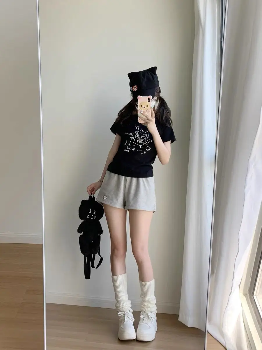 Kitten shorts female summer INS fashion Korean version Y2K loose leisure sports wide legs elastic waist